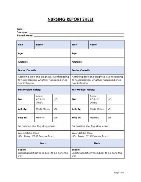 Nurse report sheets format