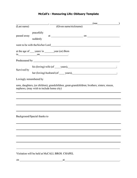 Sample template for an obituary notice