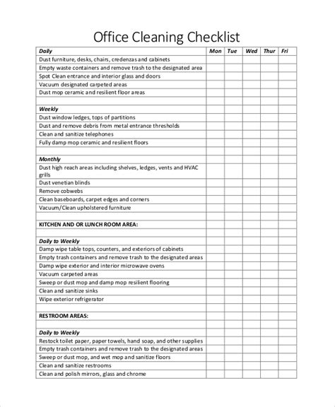 Office cleaning checklist example