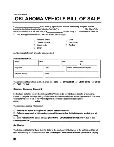 Oklahoma bill of sale template for vehicles