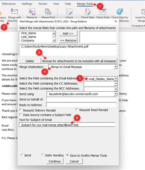 Outlook Mail Merge Settings