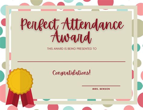 Perfect Attendance Recognition Certificate