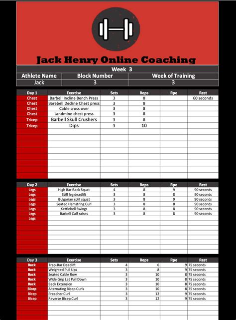 Components of Personal Trainer Workout Template Excel