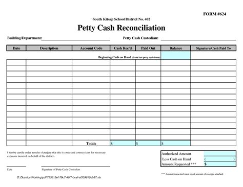 Petty Cash Reconciliation Template Layout