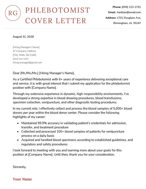 Phlebotomy Cover Letter Template