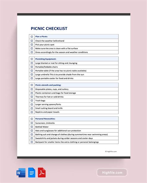 Picnic Checklist Templates