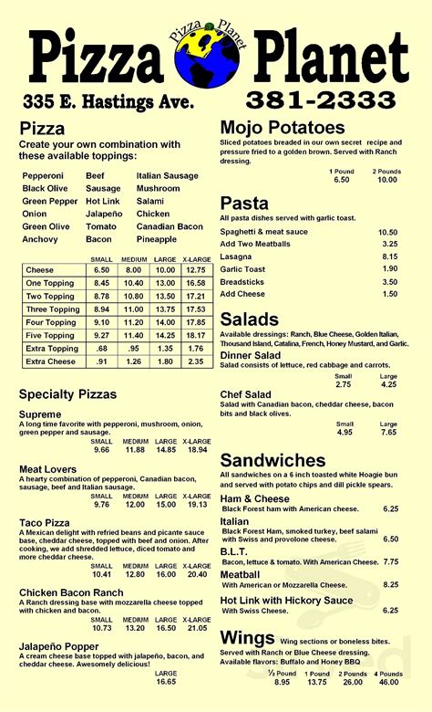 Pizza Planet Menu