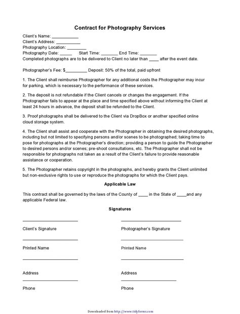 Portrait photography contract template