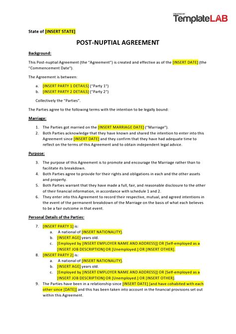 Postnuptial Agreement Template Sample