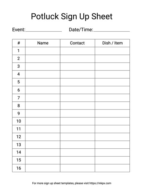 Potluck sign up sheet template image 1