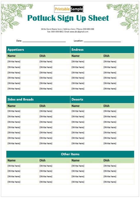 Potluck sign up sheet template image 2