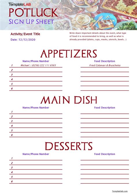 Potluck sign-up template format