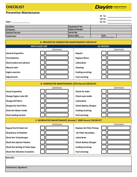 Preventive Maintenance Checklist Template