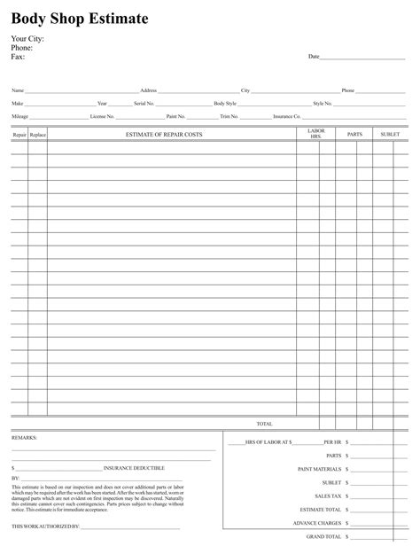 Printable body shop estimate form template