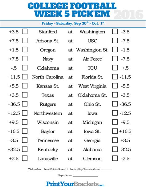 Printable College Football Line Sheets