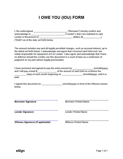 Printable IOU Template Example