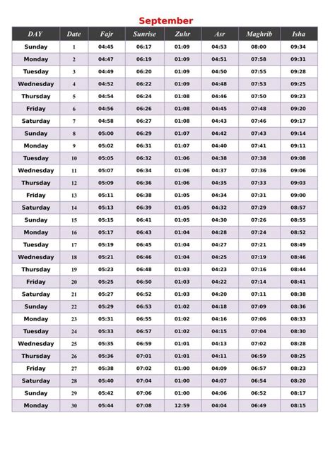 Printable Islamic Prayer Times