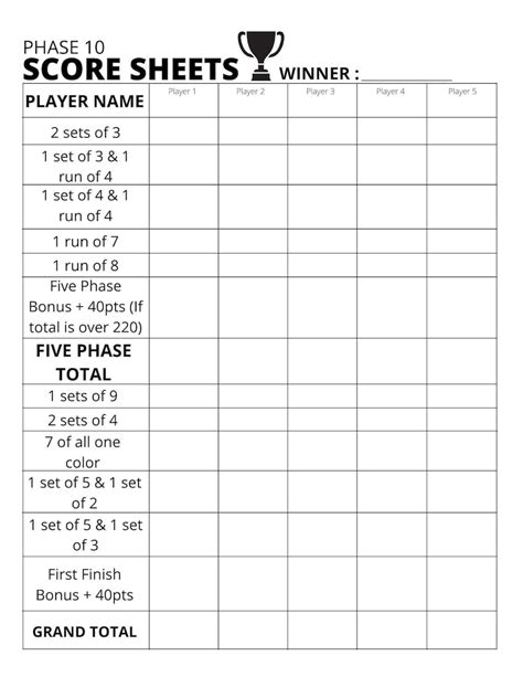 Printable Phase 10 Score Sheets