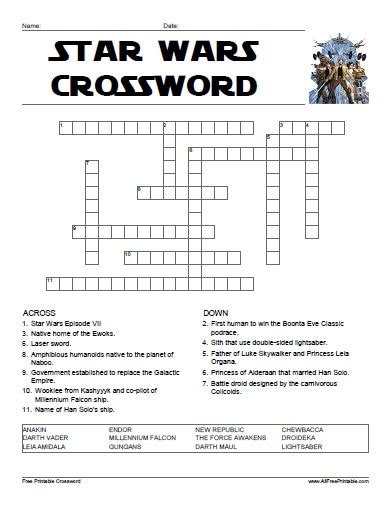 Printable Star Wars Crossword Puzzles