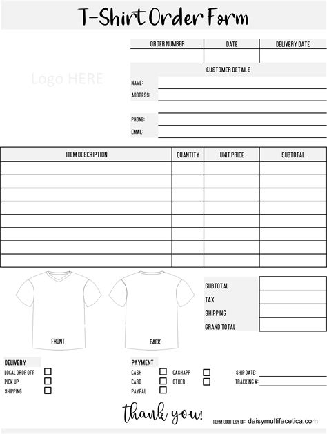 Printable T Shirt Order Form Template Example 1