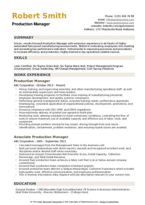 Production Manager Resume Template