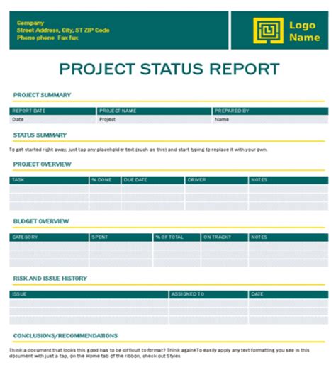 Project Status Report Template Excel