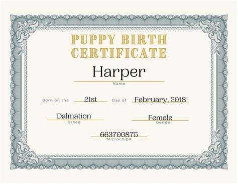 Puppy Birth Certificate Template Free