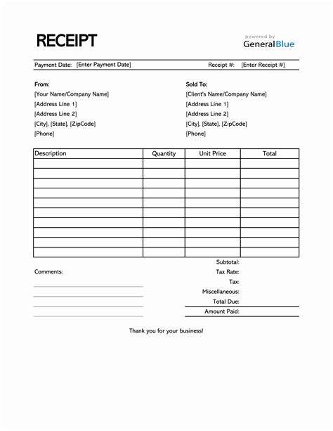 Receipt template for Microsoft Excel