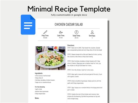 Example of a recipe template in Google Docs