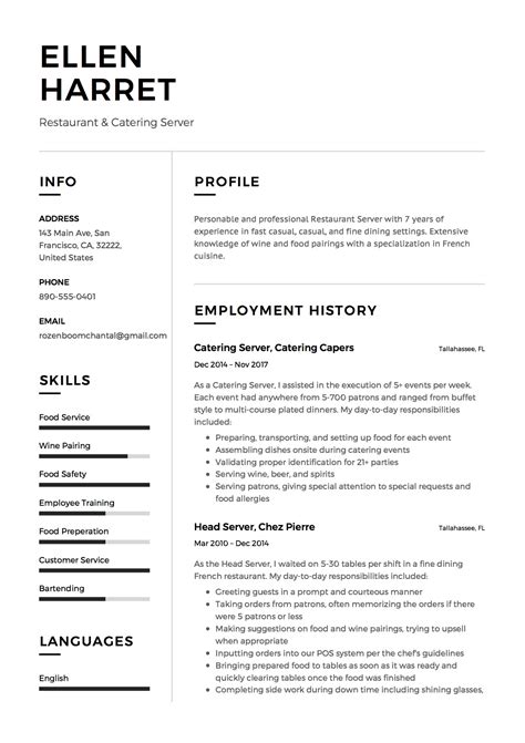 Restaurant Resume Templates Free