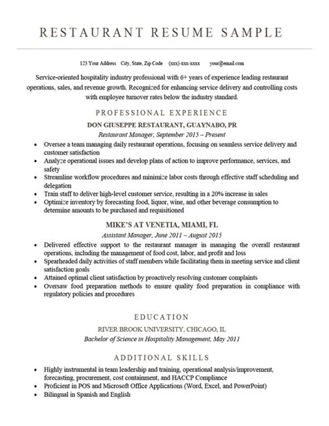 Resume Templates for Restaurant Jobs