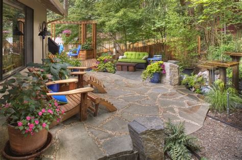 Rustic landscape design with natural materials and earthy tones