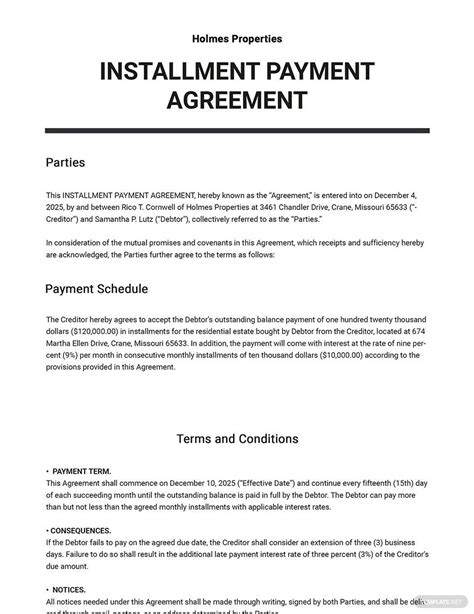 RV Installment Payment Contract Template Example