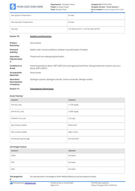 Description of Safety Data Sheet Template