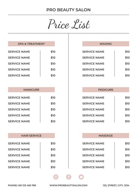 Salon Price List Template Excel