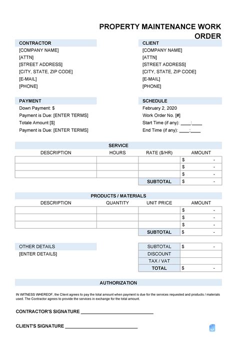 Scheduled Maintenance Work Order Template