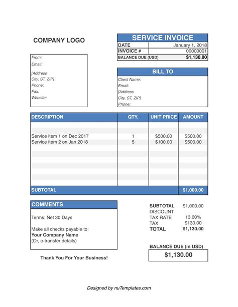 Service Bill Template Example