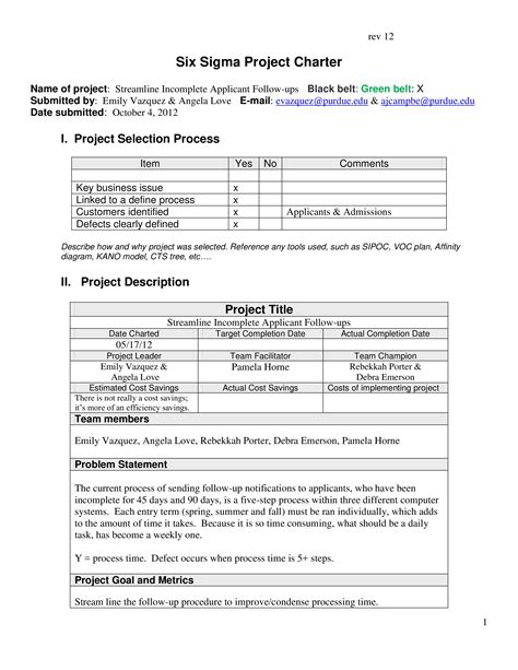 Six Sigma Project Charter Template 1