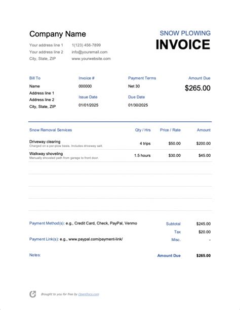 Snow Plowing Invoice Example