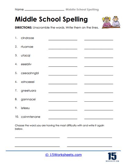 Spelling Worksheets for Middle School