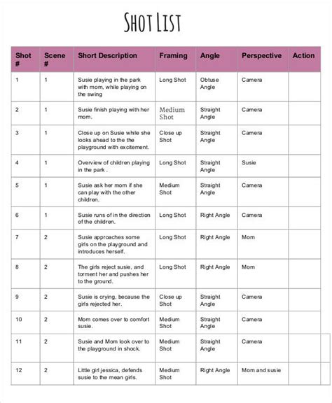 Shot list template for sports photography