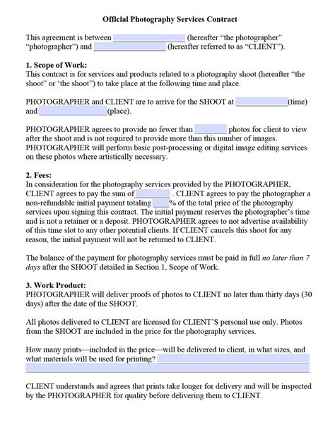 Standard photography contract template