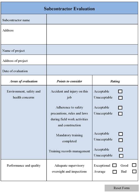 Description of Subcontractor Evaluation Templates