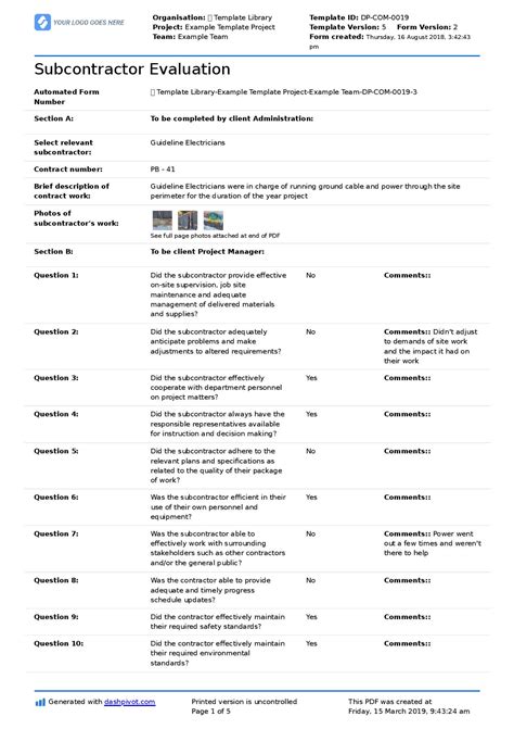 Description of Subcontractor Management Templates