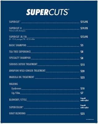 Supercuts services menu