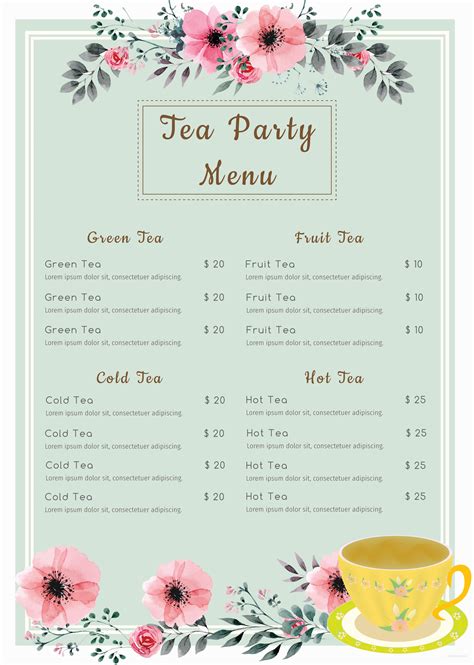 tea party menu template example