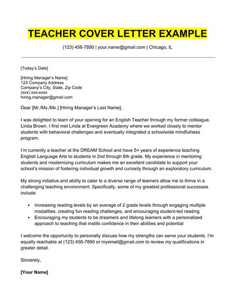 Teacher Cover Letter Example