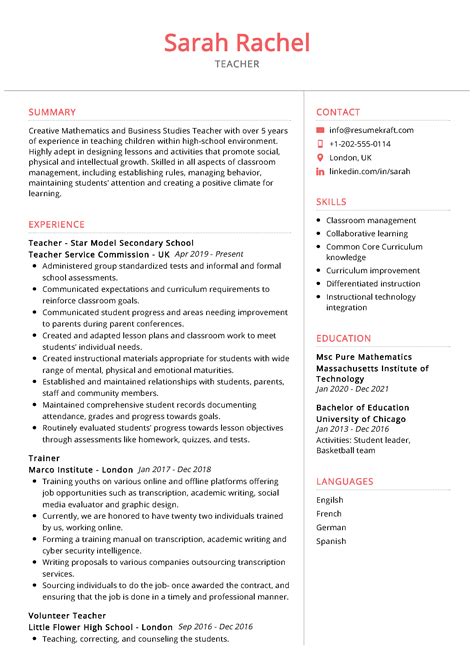 Teacher Resume Summary