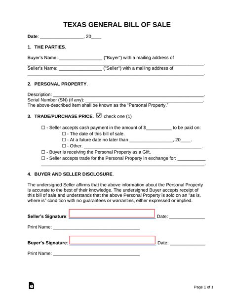 Texas Bill of Sale Form Template