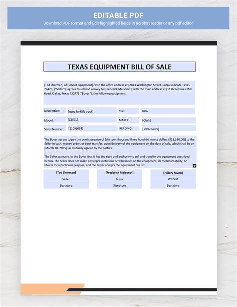 Texas Equipment Bill of Sale Form